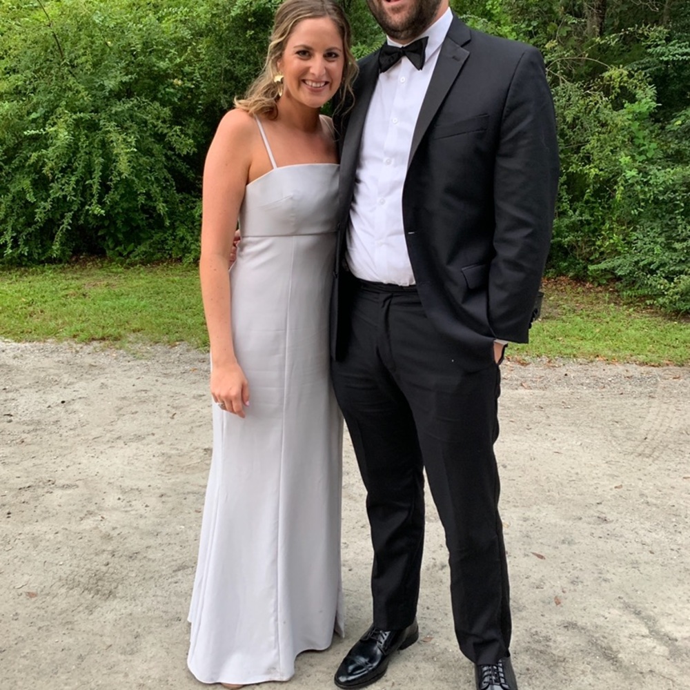 Amsale Dress...Style: Bray; Fabric: Crepe; Color: Platinum